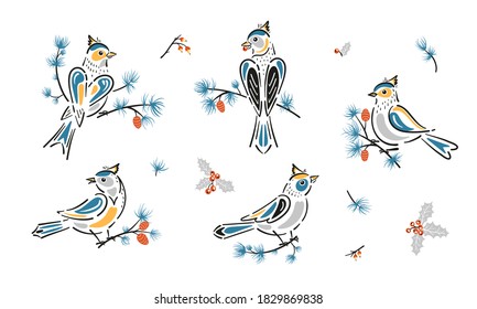 Christmas Set with Winter Birds, Pine Branches, Leaves and Holly Berries. Vector Collection for Winter Holidays, Christmas and New Year Design
