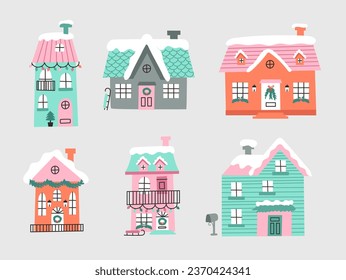 Navidad ambientada con casas de invierno. Ilustraciones vectoriales