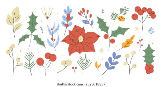 Christmas set of winter plants. Botanical set of winter flowers, plants, berries drawn by hand