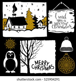 Christmas set. Winter rural landscape with house, tree, wooden board, penguin, hat, snowflake, ball. Handwritten font