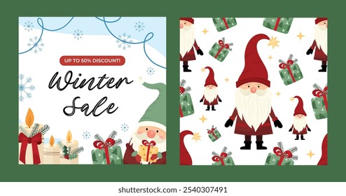 Christmas set "Winter Sale" banner with cheerful gnome holding gift, snowflakes, candles and seamless Christmas pattern of gnomes. Cute vector decor elements of favorite family Christmas holiday.