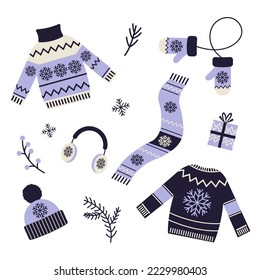 Christmas set of winter warm clothes and accessories. Vector illustration isolated on white background