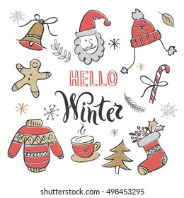 Christmas set with wishes and hand drawn elements. Hello winter handwritten calligraphy. Vector illustration.