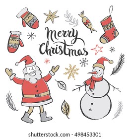 Christmas set with wishes and hand drawn elements. Merry Christmas handwritten calligraphy. Vector illustration.