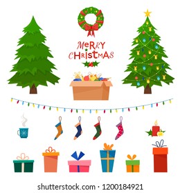 Christmas set wit decorative winter objects - toys, gift boxes, balls, garlands, socks, wreath, xmas trees isolated on white background. Flat cartoon style vector illustration.