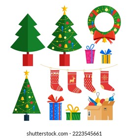 Christmas set wit decorative winter objects - toys, socks, wreath, gift boxes, balls, garlands, xmas trees. Flat cartoon style vector illustration.