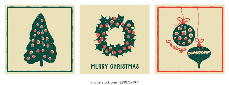 Christmas set with wreath, fir tree and ball toys, modern minimalistic card 