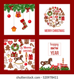 Christmas set. Xmas theme in boarded squares with garland, gift boxes, rocking-horse, bauble shape, gingerbread house. Red background. For wallpaper, wrapping, decoration banner, screens, textile