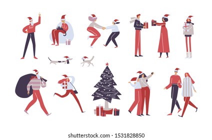 Christmas set. Young people hug, play together. Collection of Happy friends have fun outdoor. Company celebrates new year. Party around Christmas tree. Holiday vector illustration isolated on white