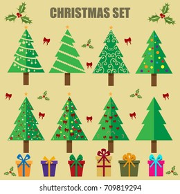 Christmas Set/New Year Set. Christmas items,decorated trees, stockings, bows and gifts.