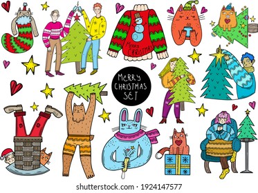 Christmas set.People, objects, animals.Holidays, winter, new year.Elements of design, for children.On white background.Scandinavian style.Isolated.Clip art, stickers, advertising.Flat, Doodle.