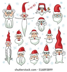 Christmas set.Santa faces set.Hand drawn vector. New year humor. Santa hair style.Different caracters. Old man in red hat. Christmas illustration