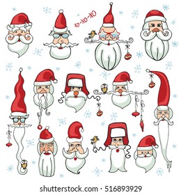 Christmas set.Santa faces set.Hand drawn vector. New year humor. Santa hair style.Different caracters. Old man in red hat. Christmas illustration