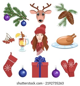 Christmas set,winter symbols,fir branch,deer,Christmas decorations.cone,mulled wine,mittens,christmas sock,isolated on a white background.An attractive holiday set can be used in textiles, postcards.