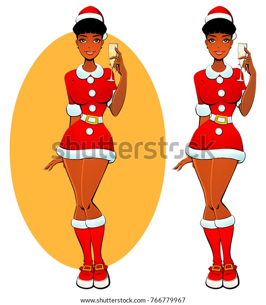 Christmas Sexy Black Girl Santa Glass Stock Vector (Royalty Free) 766779967