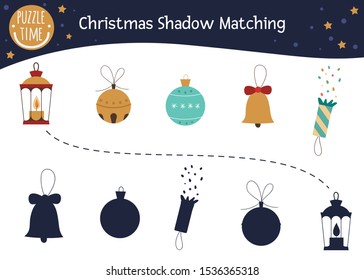 Christmas shadow matching activity for children. Cute funny lantern, Christmas ball, jingle bell, cracker. Find the correct silhouette winter game