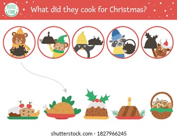 Christmas shadow matching activity for children. Winter puzzle with cute animals and traditional food. New Year educational game for kids. Find the correct silhouette printable worksheet. 
