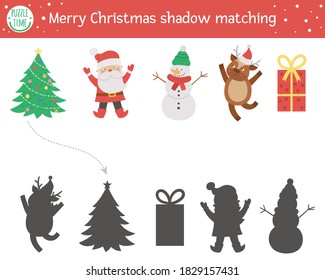 Christmas shadow matching activity for children. Winter puzzle with cute objects. Educational game for kids with fir tree, snowman, deer, present. Find the correct silhouette printable worksheet.