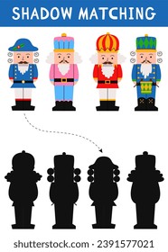 Christmas shadow matching activity for children. Winter puzzle with nutcrackers. New Year educational game for kids. Find the correct silhouette printable worksheet.