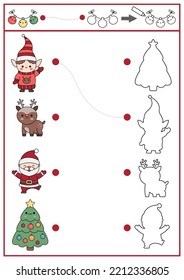 Coincidencia de forma navideña, coloreado y actividad de dibujo. Rompecabezas de invierno con el lindo kawaii Santa Claus, ciervo, árbol. Buscar una hoja de cálculo imprimible de silueta correcta. Página Año Nuevo para niños
