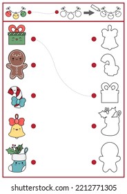 Christmas shape matching, coloring and drawing activity. Winter holiday puzzle with cute kawaii gingerbread, present. Find correct silhouette printable worksheet. New Year page for kids
