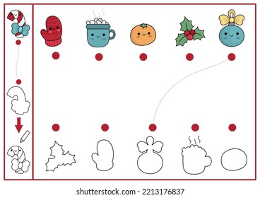 Christmas shape matching, coloring and drawing activity. Winter holiday puzzle with cute kawaii mitten, orange. Find correct silhouette printable worksheet. New Year page for kids
