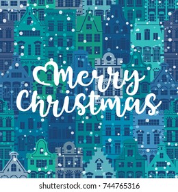 Christmas shapes pattern with houses facades. Colorful illustration for holiday card, wrapping paper, web banner.