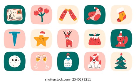Christmas shapes sticker pack. Collection New Year graphic objects. Christmas set icons.