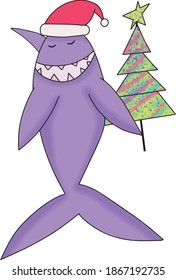 christmas shark holding a christmas tree