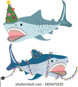 Christmas shark set, vector hand drawn isolated illustration. New Year theme: christmas lights, garland, tree. Open jaws. Cartoon style.