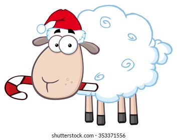 Christmas Sheep Cartoon Character. Vector Illustration Isolated On White
