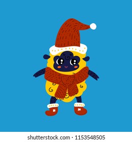 Christmas sheep character. Little cute lamb with hat and boots from santa