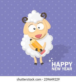 Christmas sheep with a gift. Christmas card