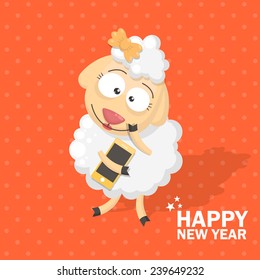 Christmas sheep with a gift. Christmas card