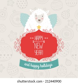 Christmas sheep with greeting label and ribbon