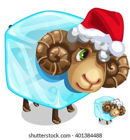 Christmas sheep in the ice cube isolated on a white background. Vector illustration.