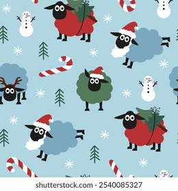 Christmas sheep seamless pattern. Adorable sheep with Christmas elements and snowman.