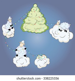 Christmas sheep and tree on clouds