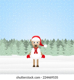 Christmas sheep in the winter forest