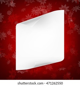 Christmas sheet of curved paper on red snowflakes background. EPS 10 vector file included