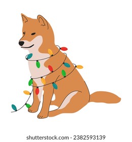 Christmas Shiba Inu in hand drawn style. Merry Christmas illustration of cute pet with accessory.  Flat vector illustration isolated on white background