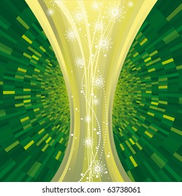 Christmas shine green background with stream of snowflakes and waves