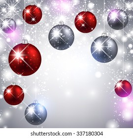 Fondo de Navidad brillante con bolas de color. Ilustración vectorial.