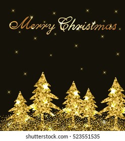 Christmas shining background with golden glitter firs. Design for greeting card.