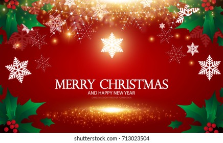 Christmas Shining Background with Lights, Snowflakes and Holly Berry. Empty Space. Vector illustration