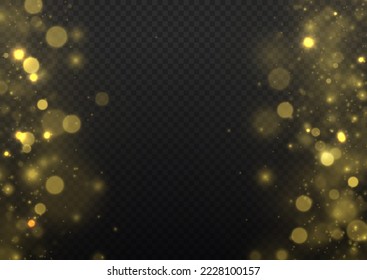 Christmas shining flare bokeh. Gold star burst glare with sparkles on transparent background. Glitter special light effect. Yellow dust sparks glitter, star night sky, space, dusty shine lights Vector