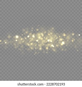 Christmas shining flare bokeh. Gold star burst glare with sparkles on transparent background. Glitter special light effect. Yellow dust sparks glitter, star night sky, space, dusty shine lights Vector