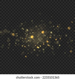 Christmas shining flare bokeh. Gold star burst glare with sparkles on transparent background. Yellow dust sparks glitter, star night sky, space, dusty shine lights. Glitter special light effect Vector