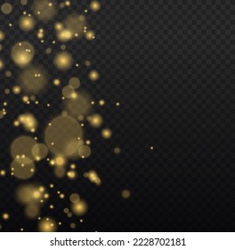 Christmas shining flare bokeh. Yellow dust sparks glitter, star night sky, space, dusty shine lights. Gold star burst glare with sparkles on transparent background. Glitter special light effect Vector