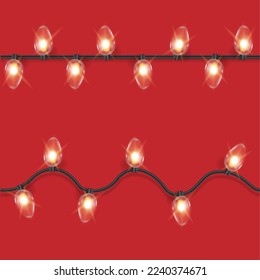 Christmas shining garland. Realistic 3d design light effect. New year decorative element multicolored lamps. colored Neon bulb Xmas holiday decor. Vector